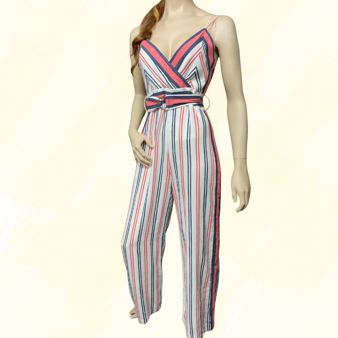 Forever New Havana Stripe Jumpsuit - Belted - White/Red/Blue - 10