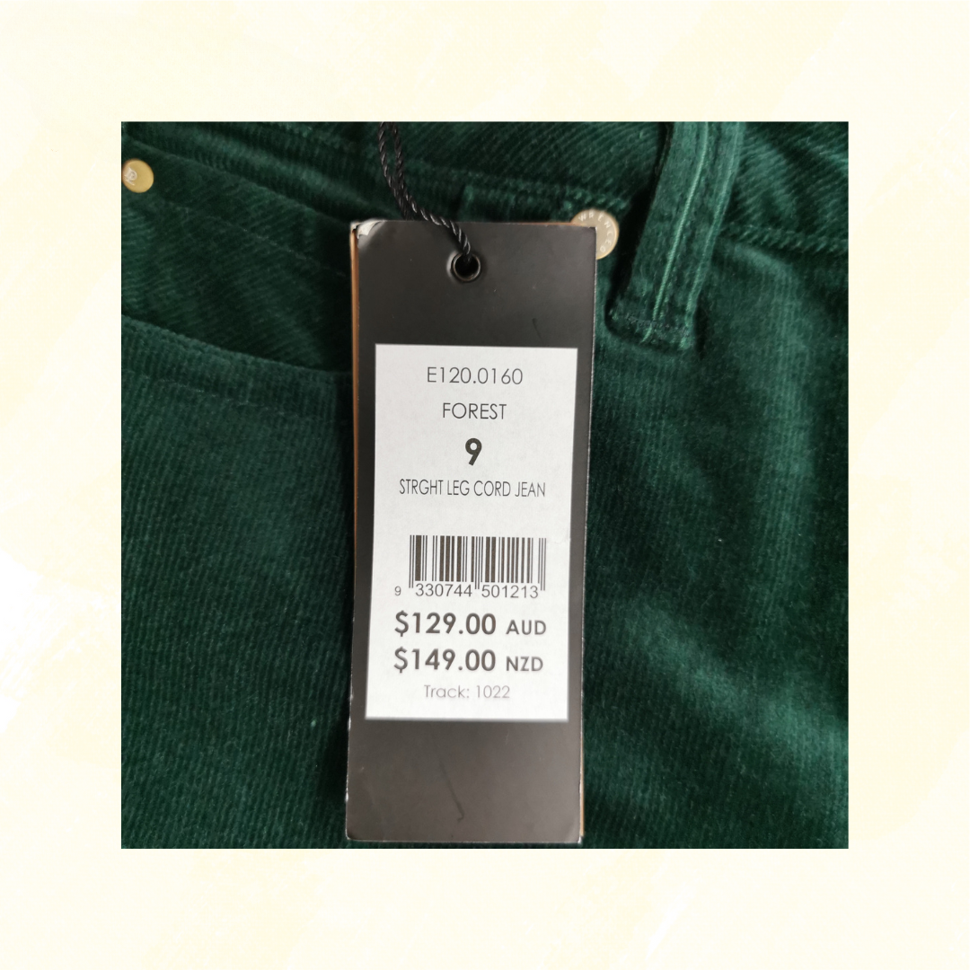 David Lawrence Straight Leg Cord Jeans - Size 9 - Green