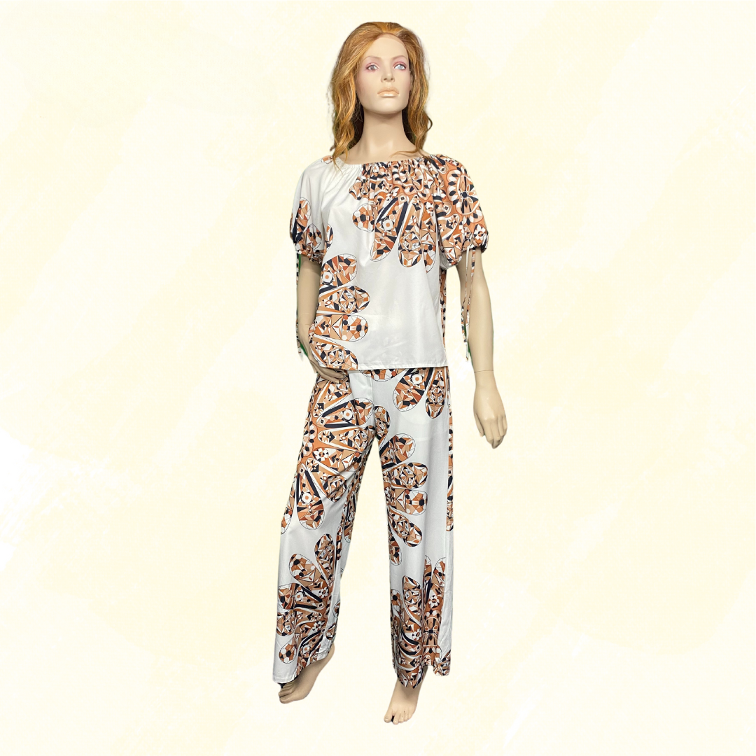 Tory Burch 2 PCE Pant Suit - White/Brown Pattern - M