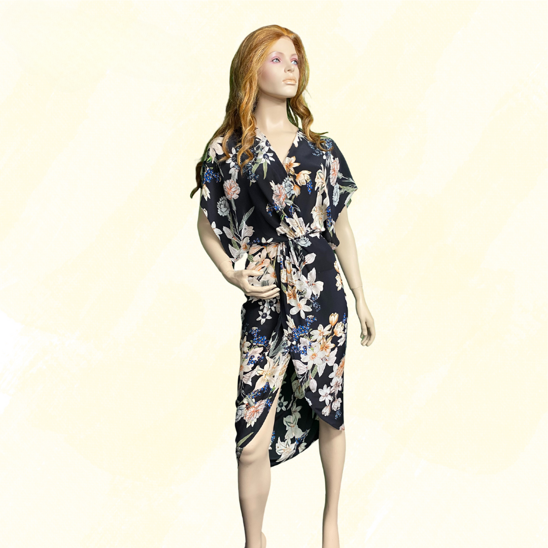 Rodeo Show Silk Dress, mid length - Black/Floral 10