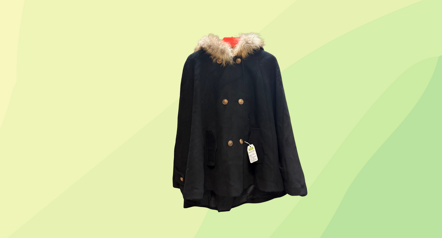 La Shapelle Fur Lined Hooded Cape - Size 40 - Black