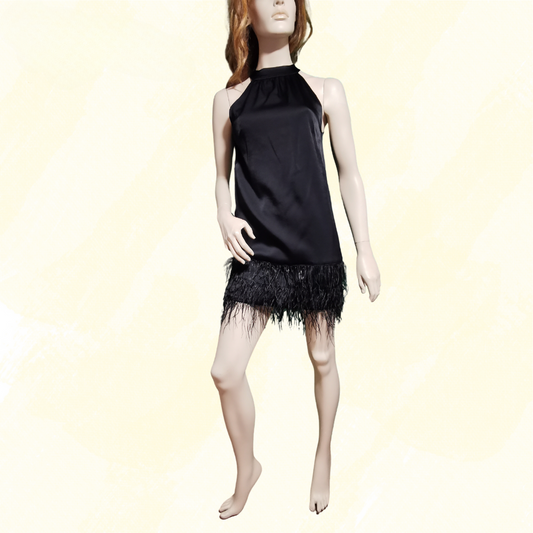 Karen Millen Viscose Satin Crepe Feather Hem Halter Dress - Size 6 - Black