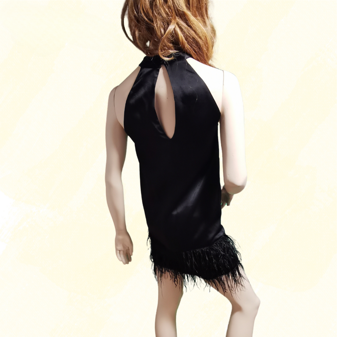 Karen Millen Viscose Satin Crepe Feather Hem Halter Dress - Size 6 - Black