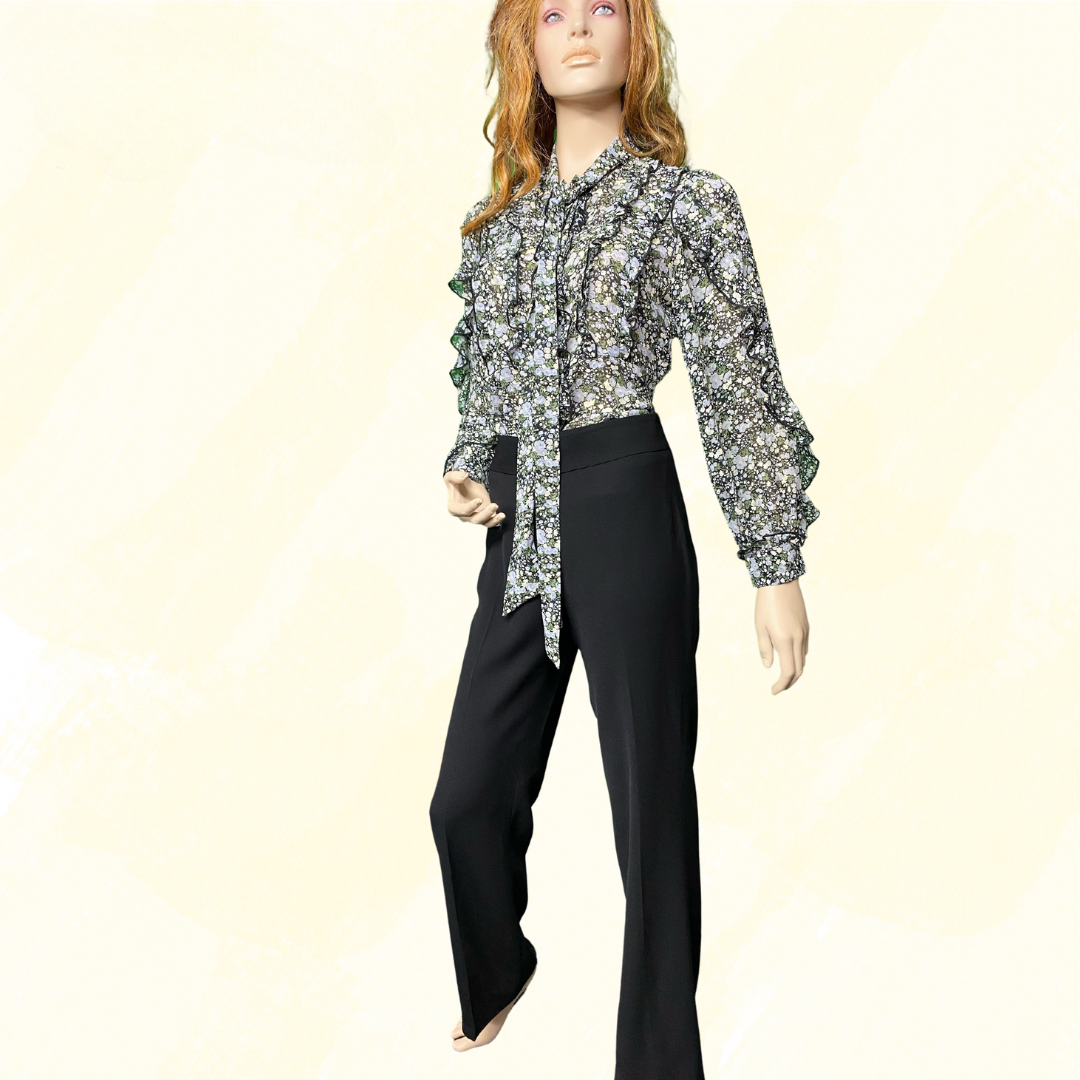 Pilgrim Top with Frill, tie neck - Black/Floral Size 10