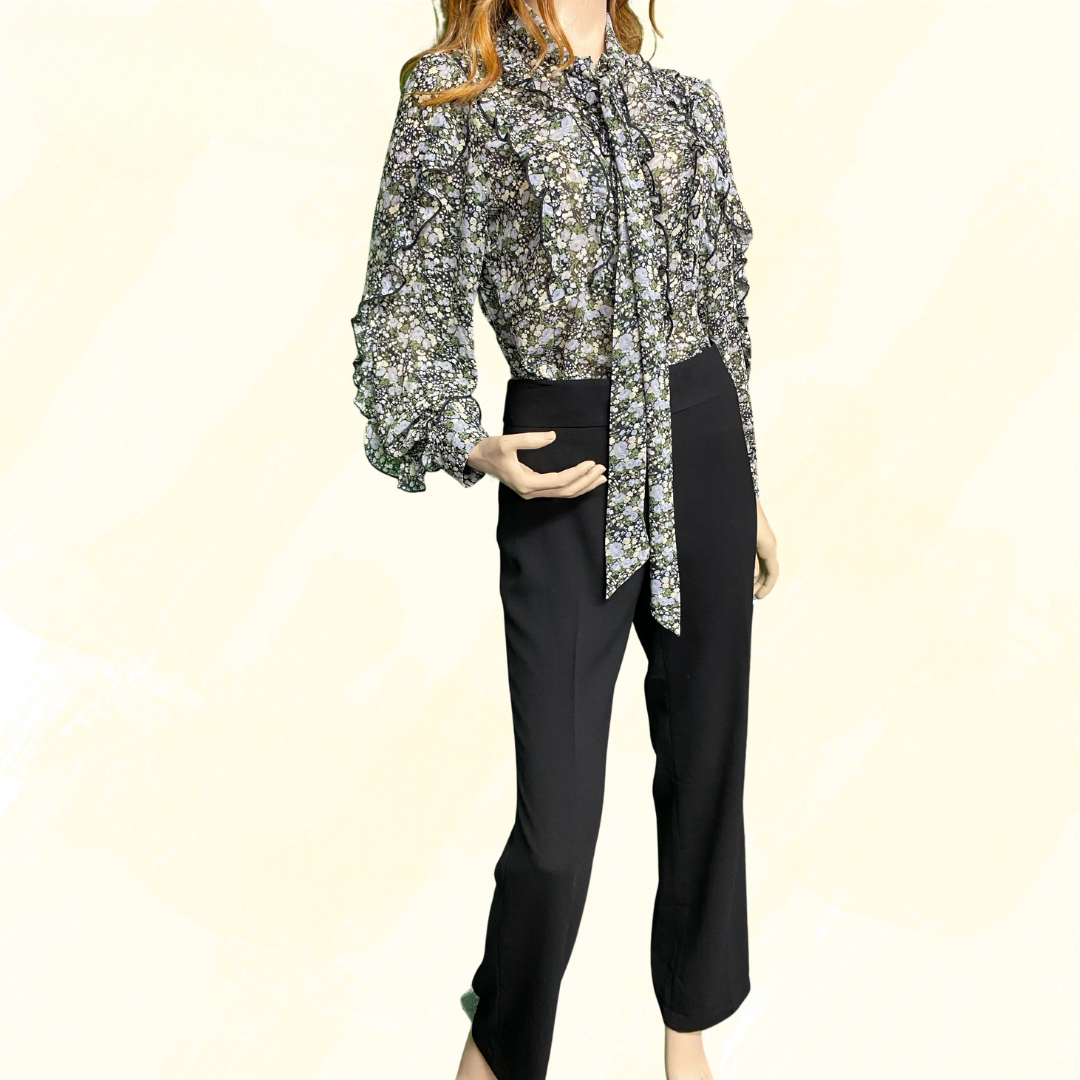 Pilgrim Top with Frill, tie neck - Black/Floral Size 10