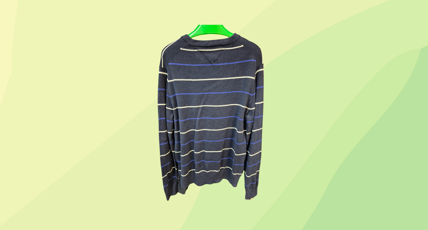 Tommy Hilfiger Mens V-Neck Knit Pullover - M - Navy Stripe