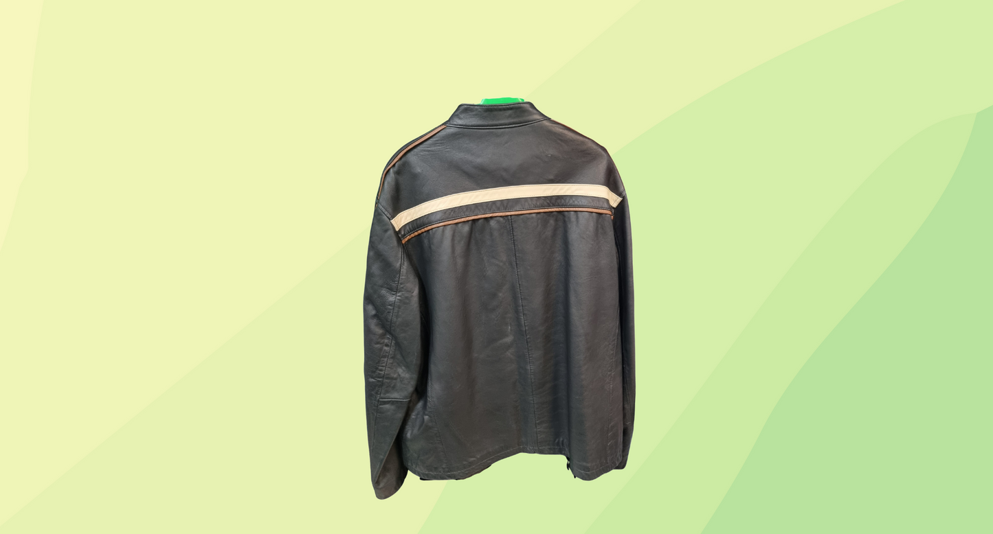 Jonata Mens Vintage Leather Jacket - 3XL - Black/Cream Brown Stripe