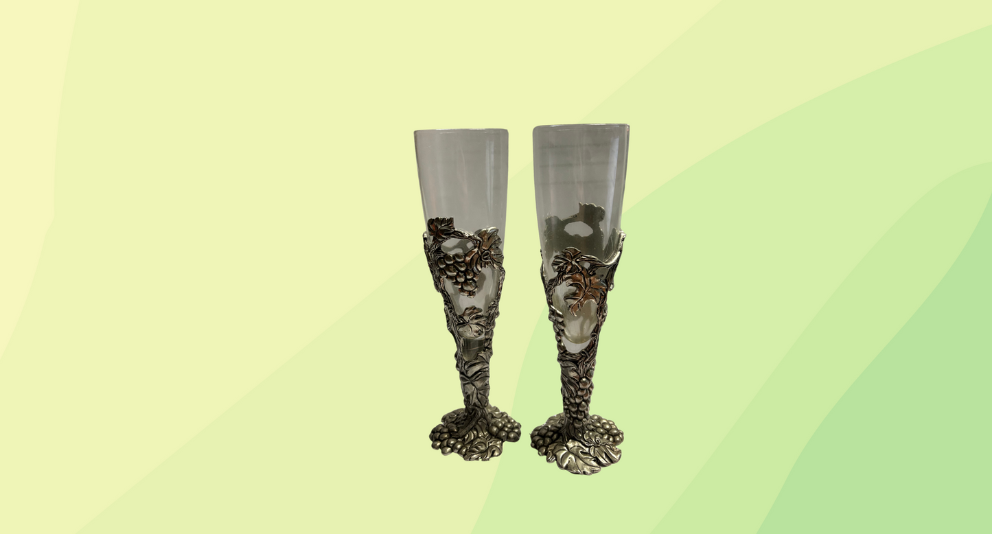 Vintage Hand Blown Glass & Pewter Wine Glasses x2