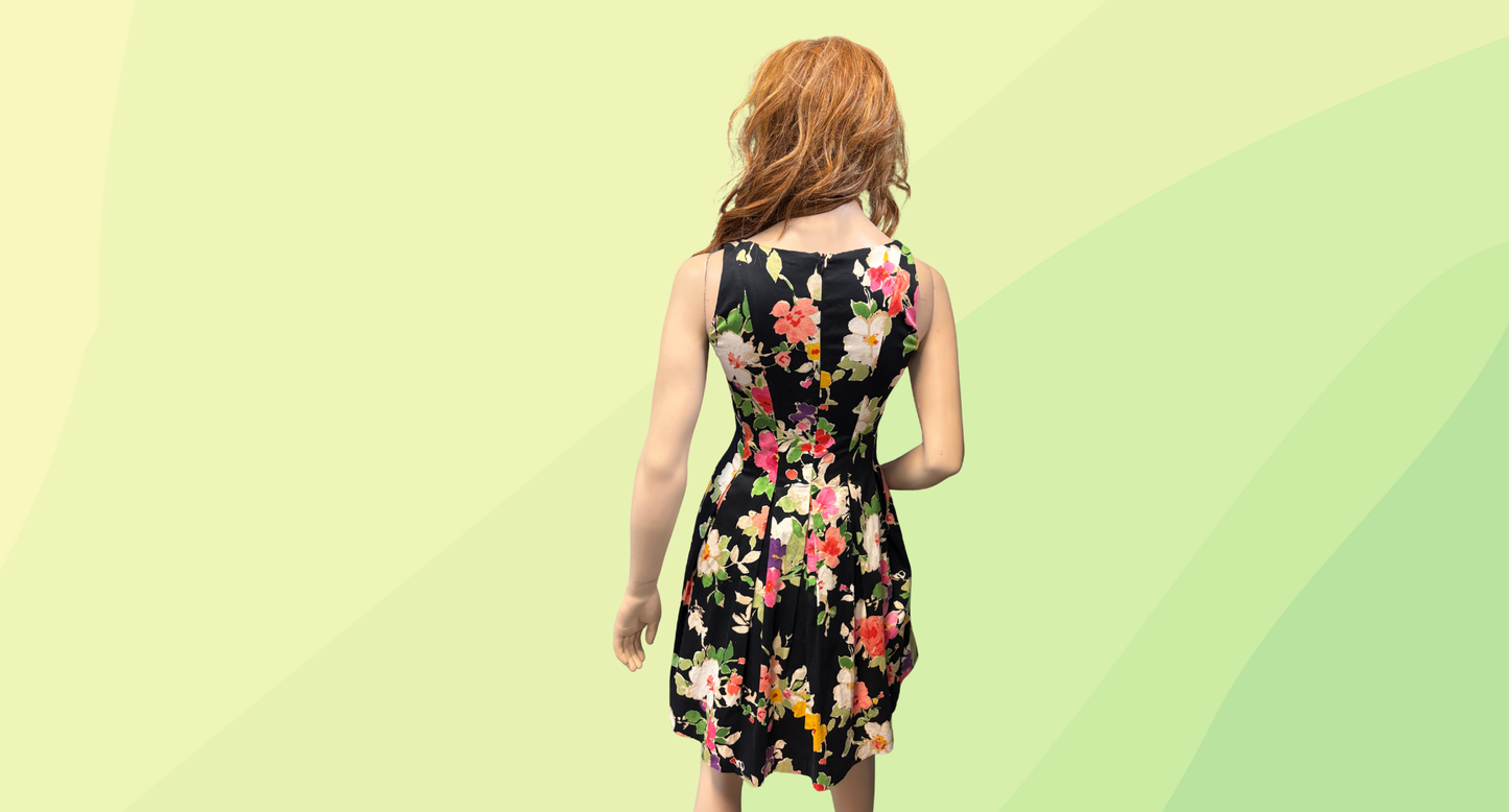 Ralph Lauren Fitted Waist Dress - Size 0 - Black Floral