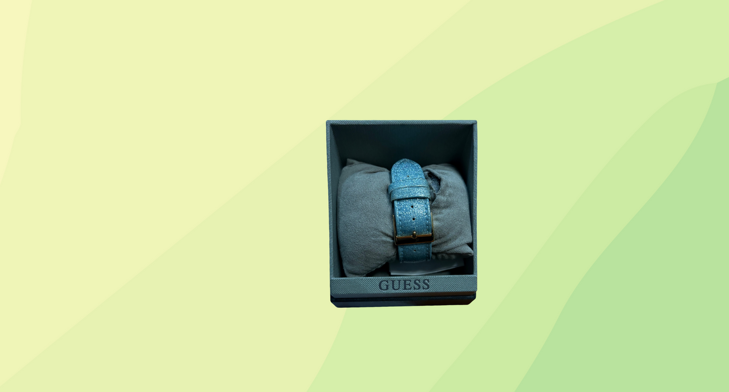 Guess Gold Look Watch With Blue Glitter Band