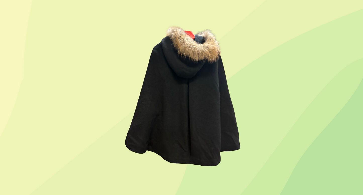 La Shapelle Fur Lined Hooded Cape - Size 40 - Black