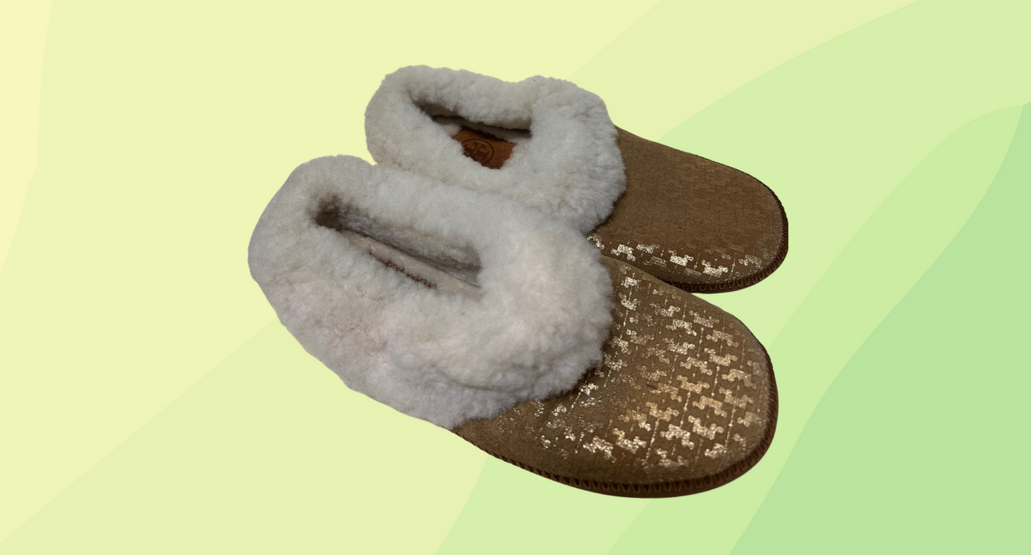 Tory Burch Shearling Mule Slipper - Coley Suede - Size 6 - Camel Brown