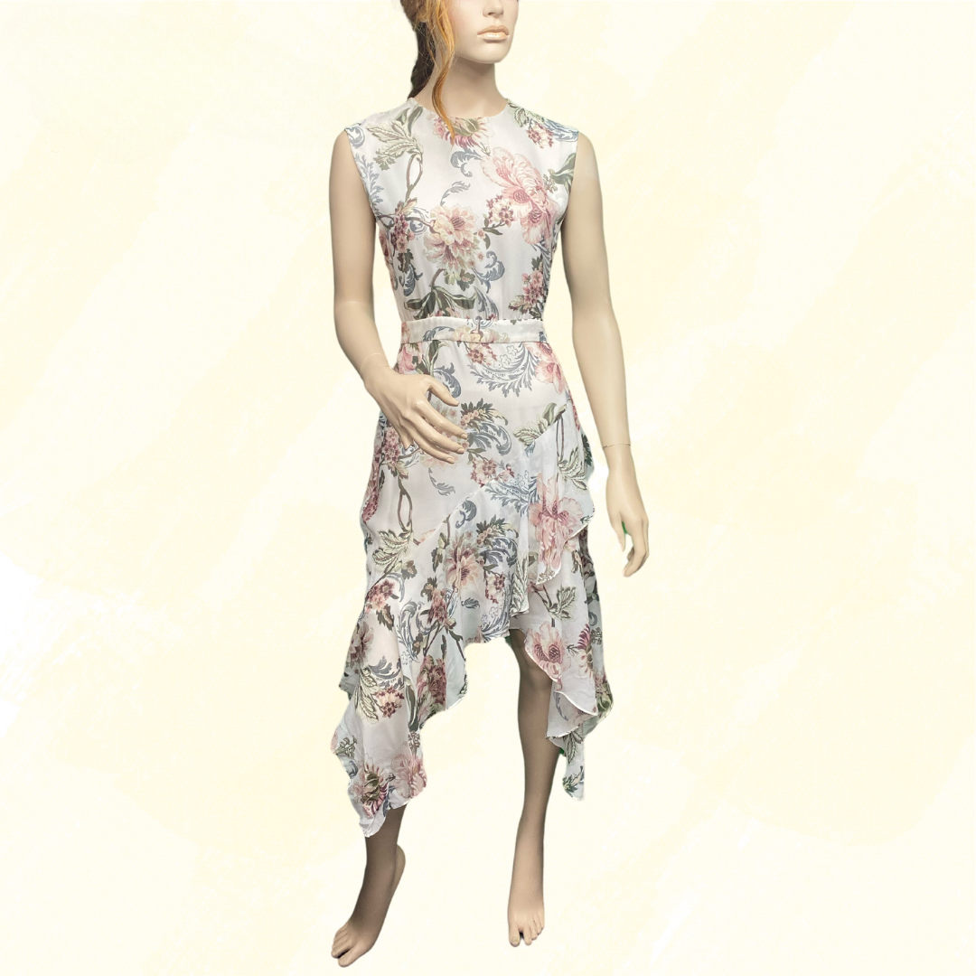 Lover 100% Silk - Long front spilt - White Floral Print - 12
