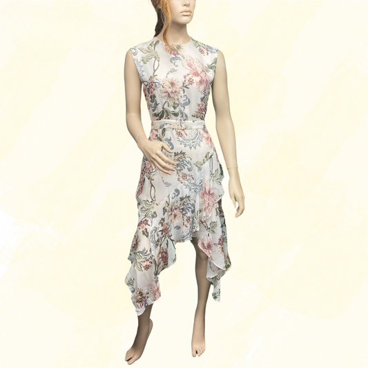 Lover 100% Silk - Long front spilt - White Floral Print - 12