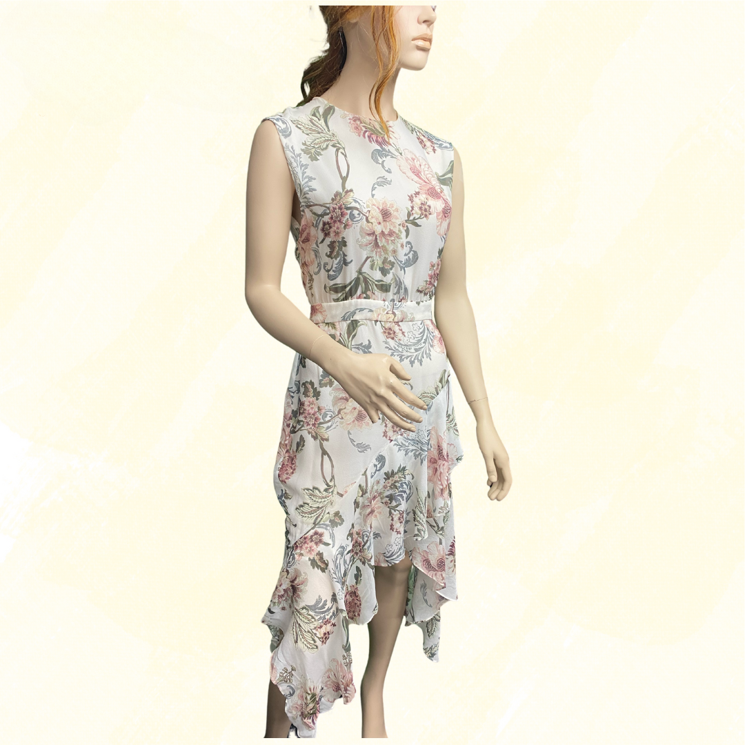 Lover 100% Silk - Long front spilt - White Floral Print - 12