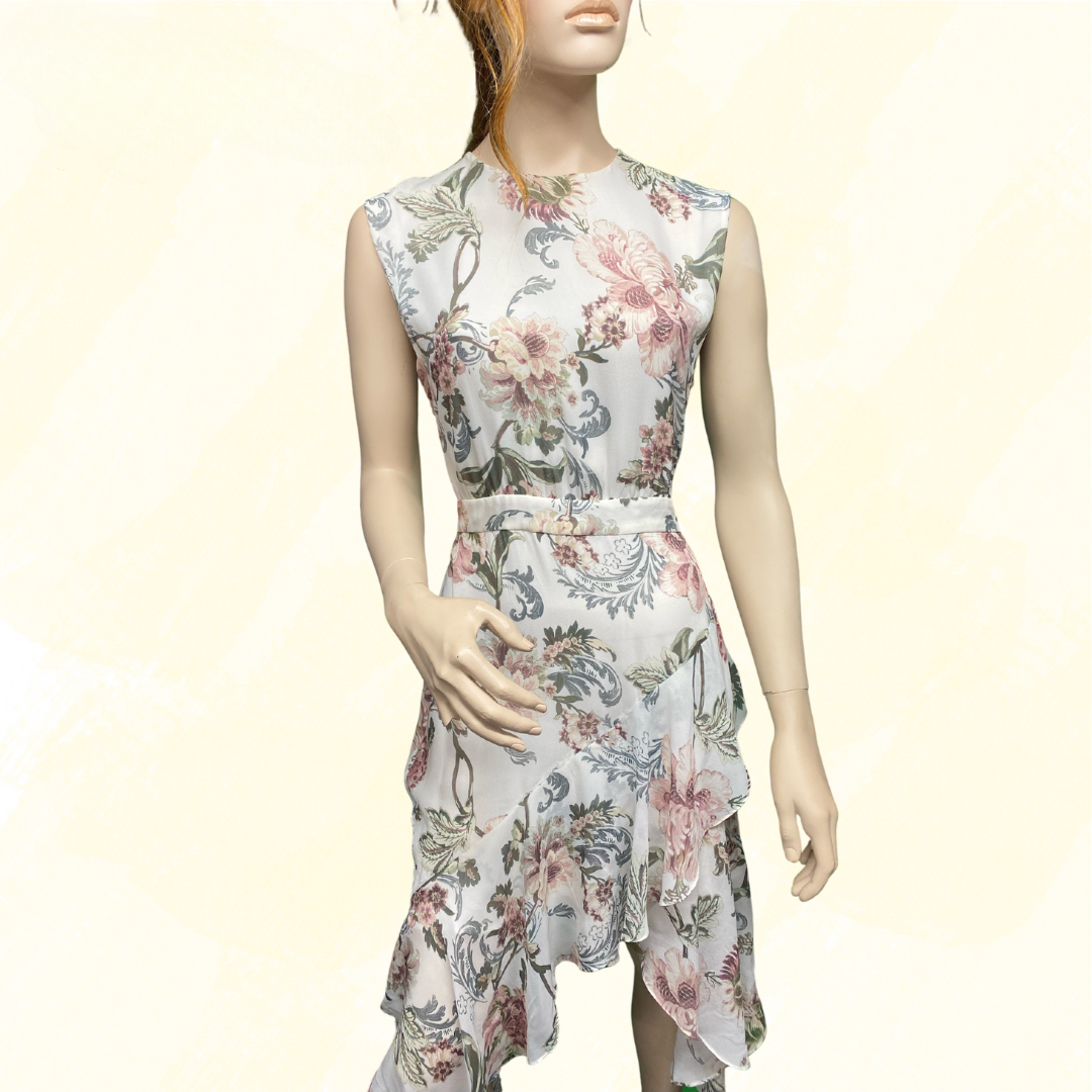 Lover 100% Silk - Long front spilt - White Floral Print - 12