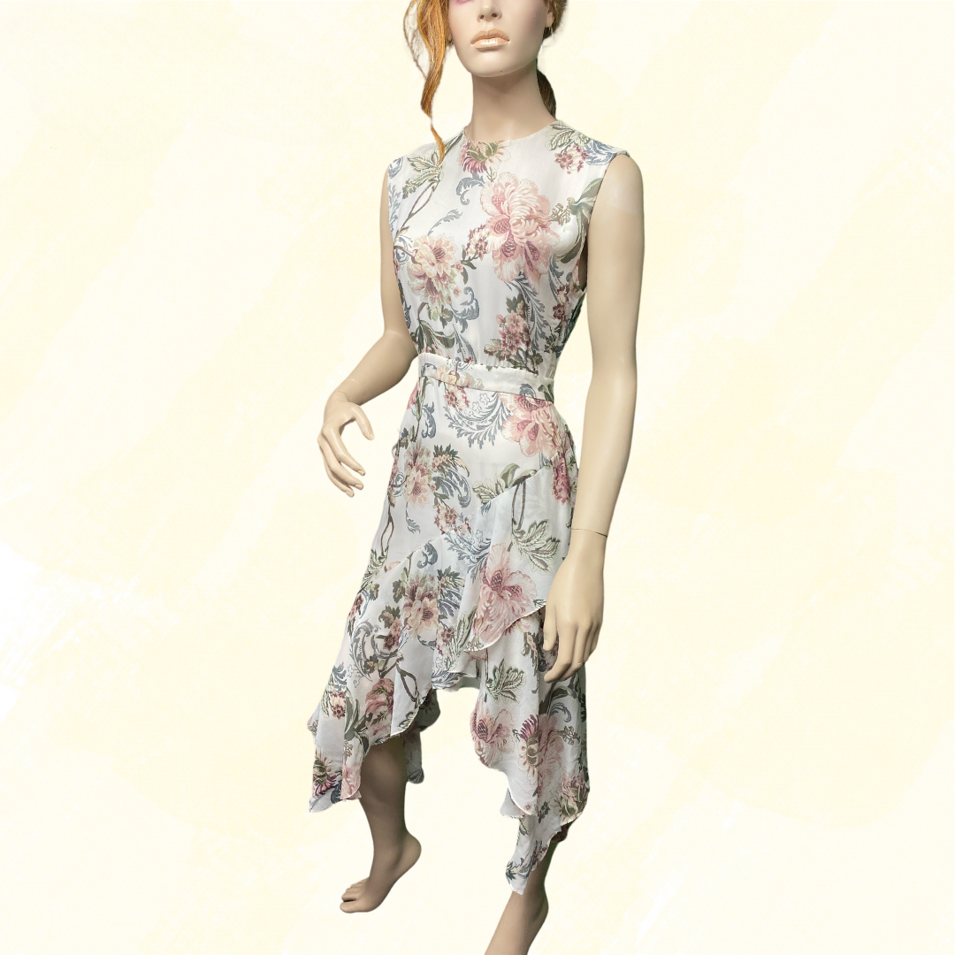 Lover 100% Silk - Long front spilt - White Floral Print - 12