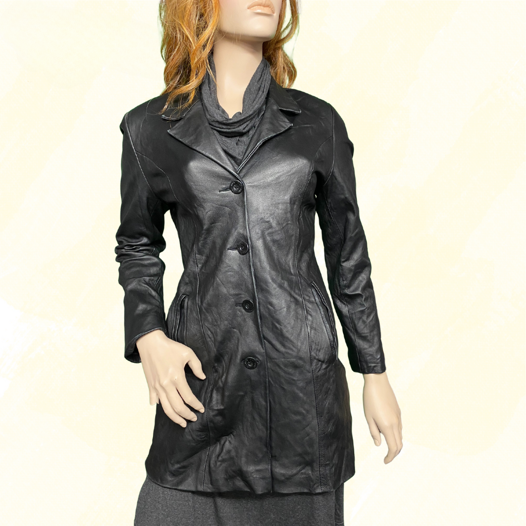 All Weather Naturel Leather Long leather coat, button front - Black - M
