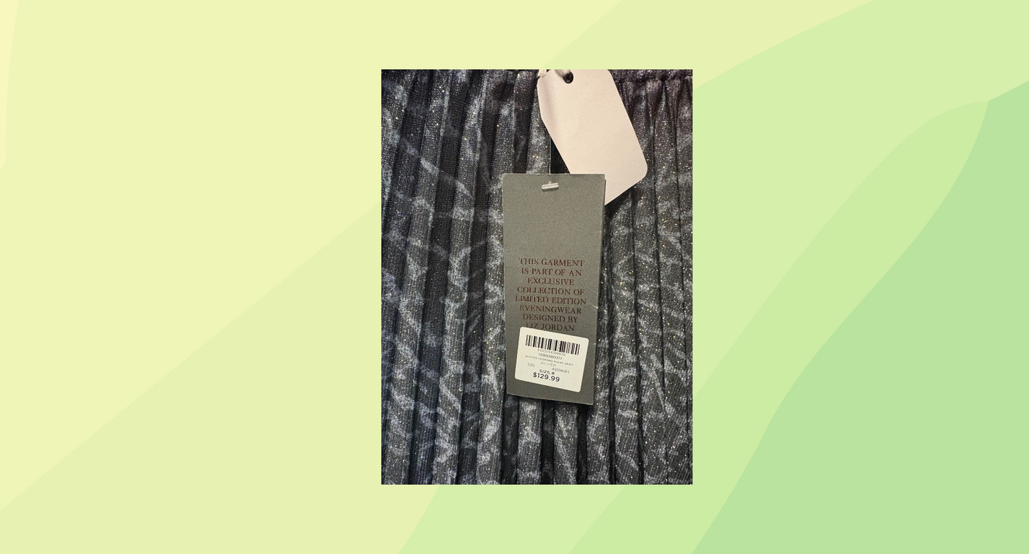 Liz Jordan Glitter Leopard Pleat Skirt RRP $129.99 - Size 8 - Silver