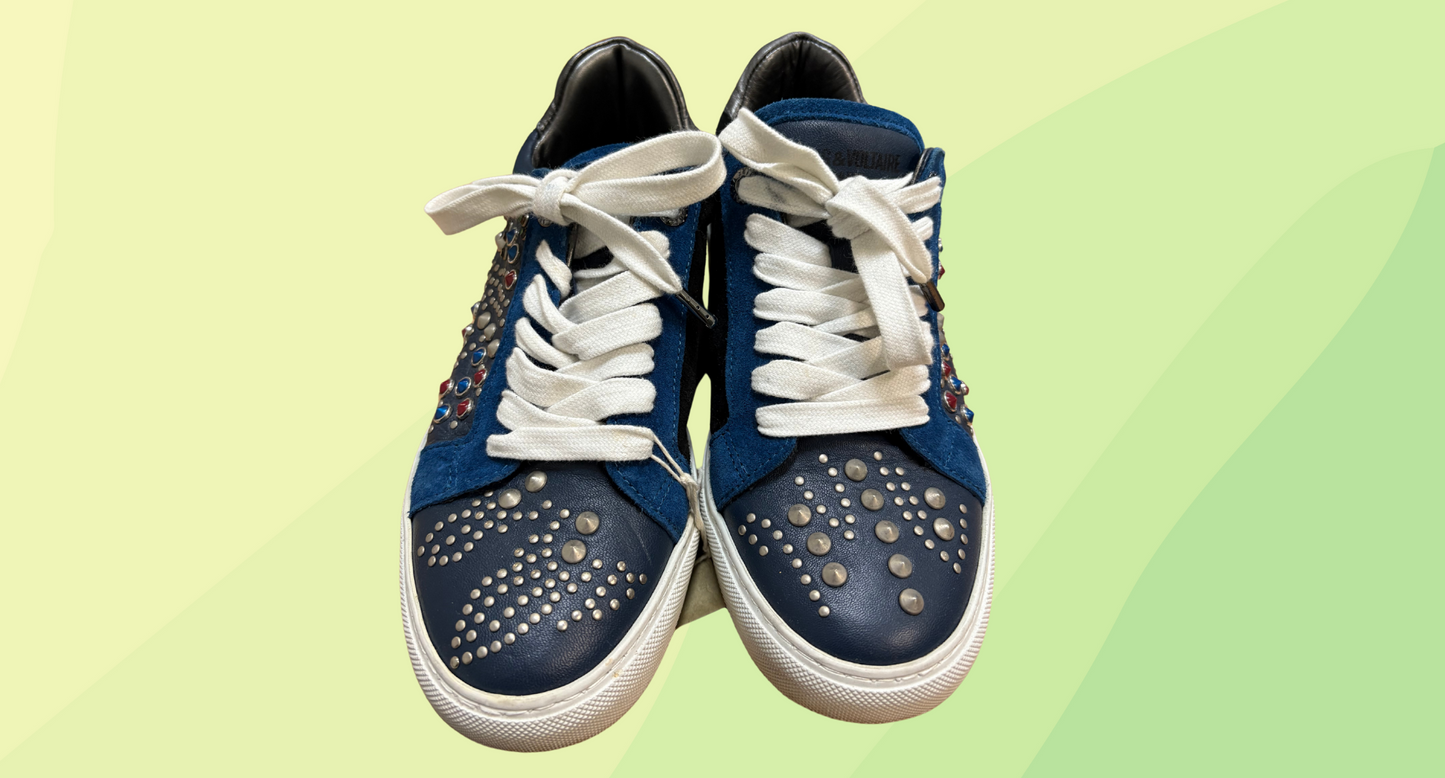Zadig & Voltaire Leather Suede Studded Jungle Cloud Sneakers - Size 37 - Blue
