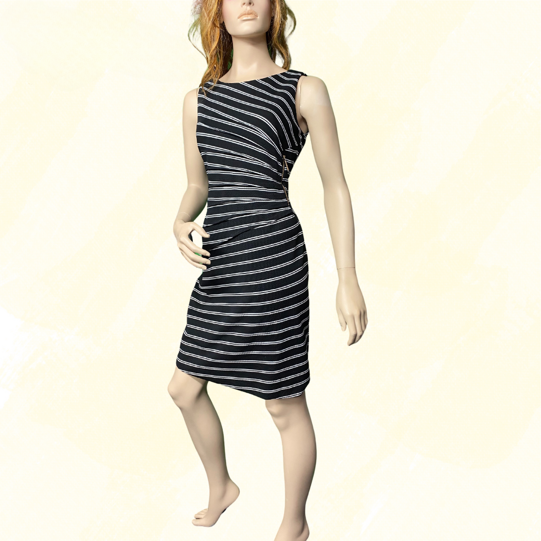 Ivanka Trump Pleated striped sleeveless dress with zippers - Black/White Stripe - M