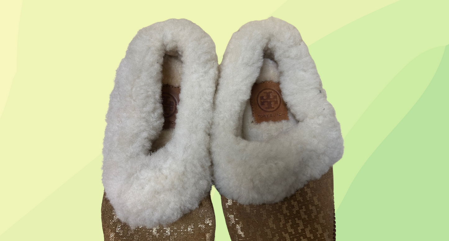 Tory Burch Shearling Mule Slipper - Coley Suede - Size 6 - Camel Brown