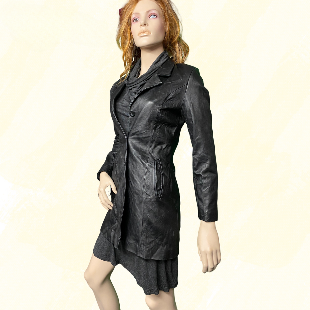 All Weather Naturel Leather Long leather coat, button front - Black - M
