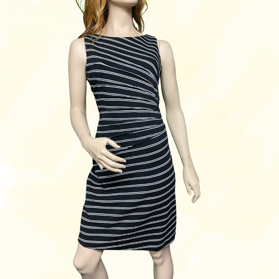 Ivanka Trump Pleated striped sleeveless dress with zippers - Black/White Stripe - M