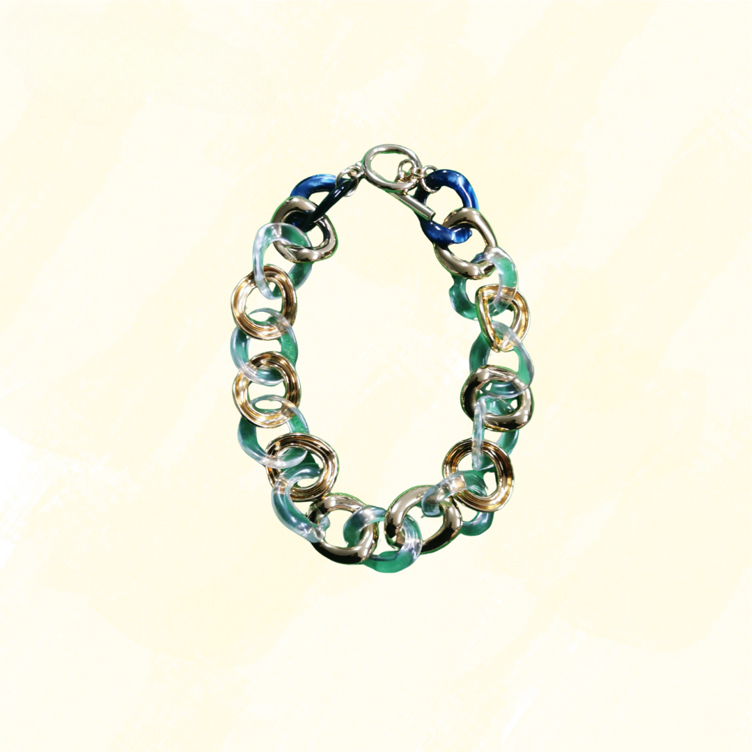 Mimco Necklace - Large Links C/W Dust Bag - Gold/Blue