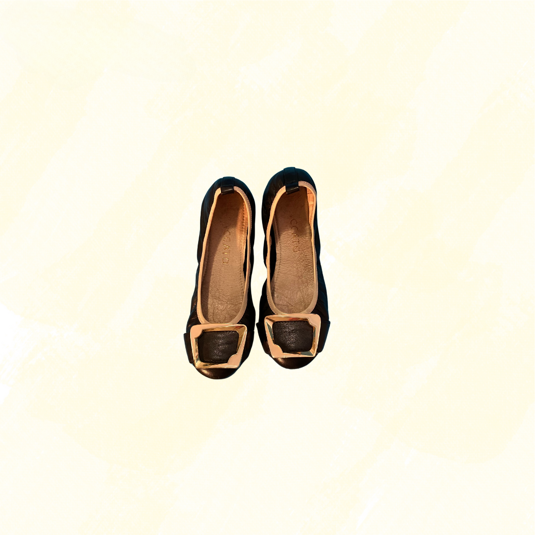 Staccato Slip on Ballet Flat with Gold Buckle - Black - 7