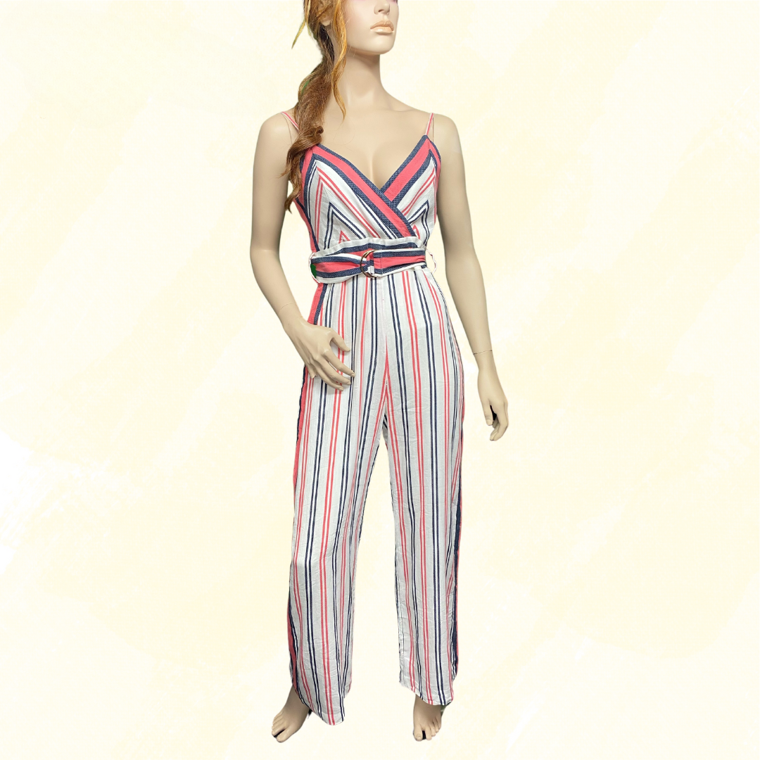 Forever New Havana Stripe Jumpsuit - Belted - White/Red/Blue - 10
