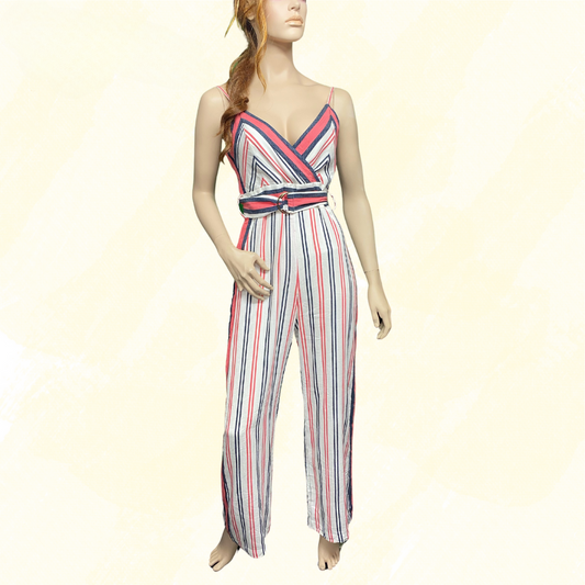 Forever New Havana Stripe Jumpsuit - Belted - White/Red/Blue - 10
