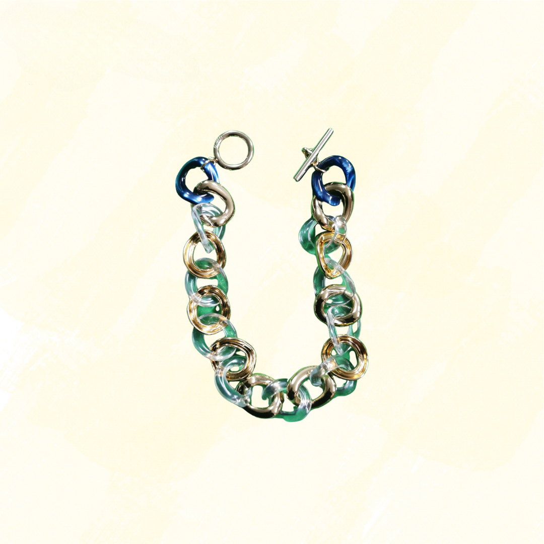 Mimco Necklace - Large Links C/W Dust Bag - Gold/Blue