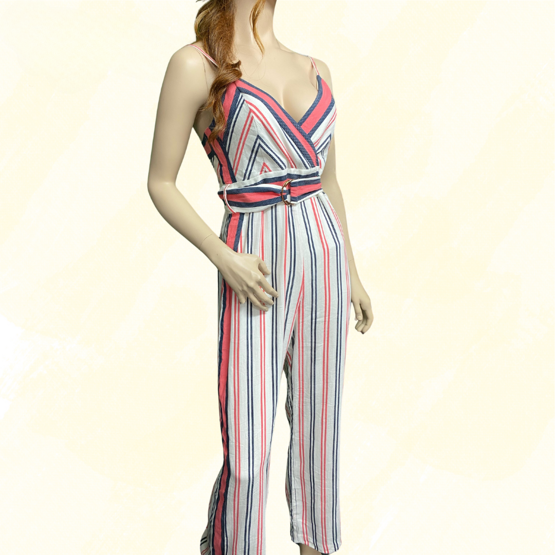 Forever New Havana Stripe Jumpsuit - Belted - White/Red/Blue - 10