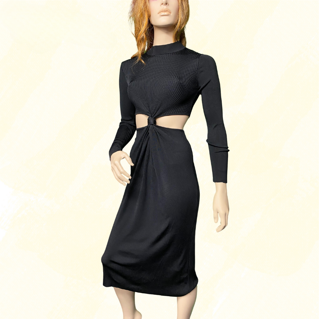 Zara Long Knitted Dress long sleeve with cutout - Black - S 1-World Charity Shops Zara Long Knitted Dress long sleeve with cutout - Black - S 1-World Charity Shops