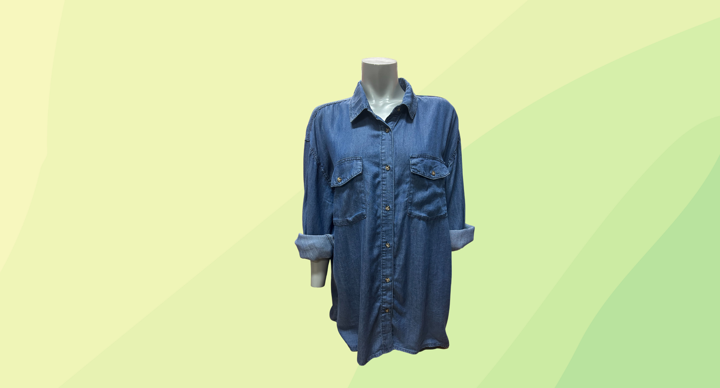 Taking Shape Natural Chambray Pocket Seeking Wonder Shirt RRP $149.99 - Size 14 - Pacific Blue