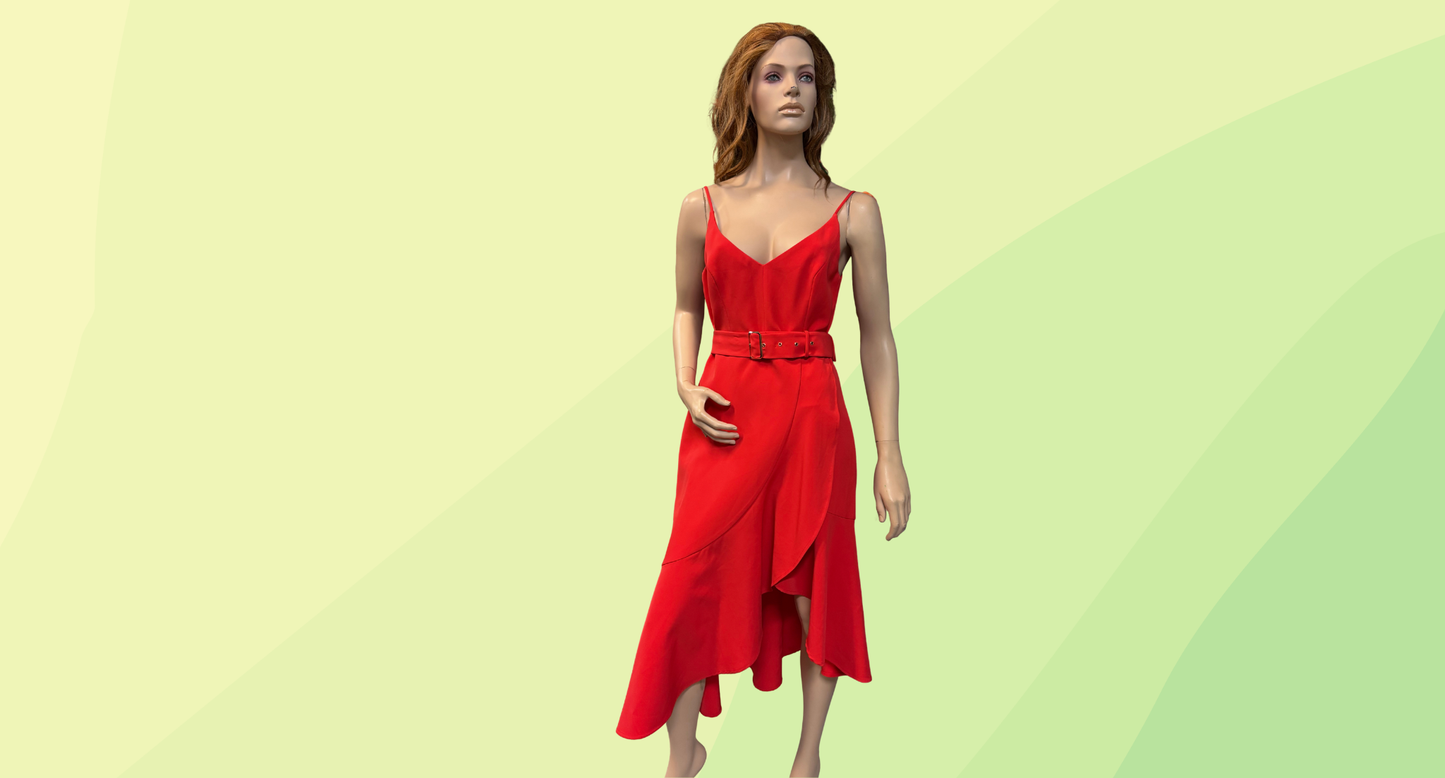 Forever New Isabella Belted Ruffle Hem Dress - Size 10 - Cherry Flame