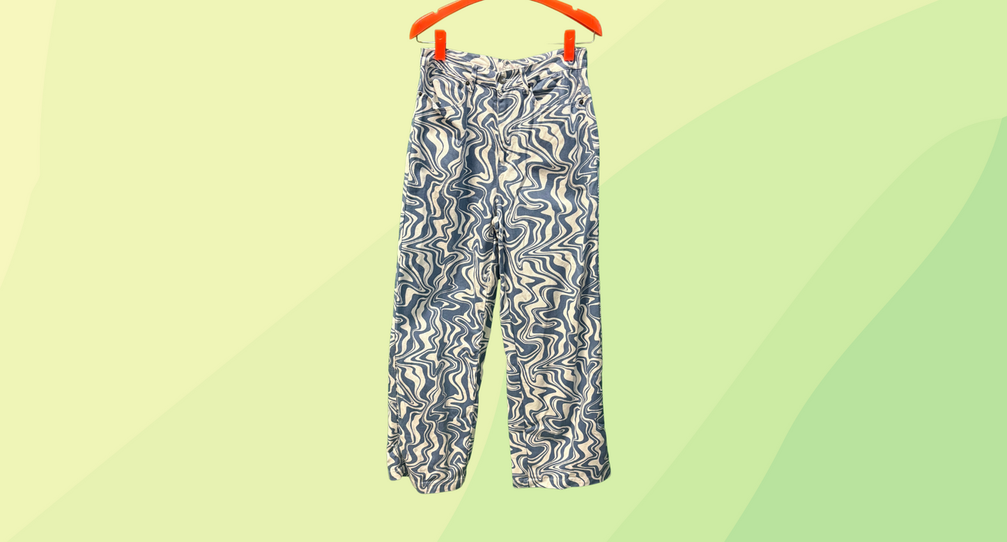 Ghanda Wide Leg High Rise Jeans - Size 12 - Blue/White Swirl