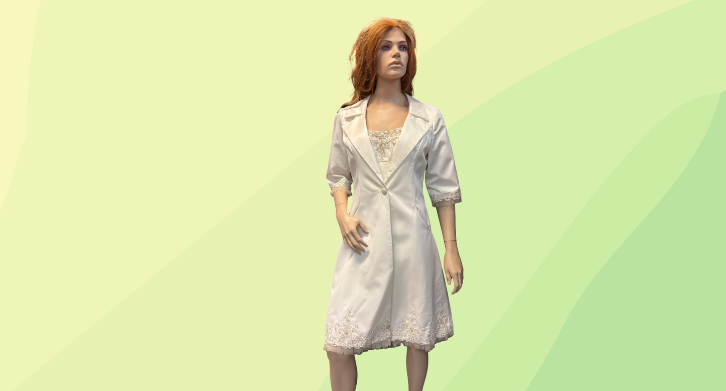 Alfred Angelo Strapless A-Line Knee-length Wedding Dress & Overcoat 2 Pce Set - Size 8 - Ivory