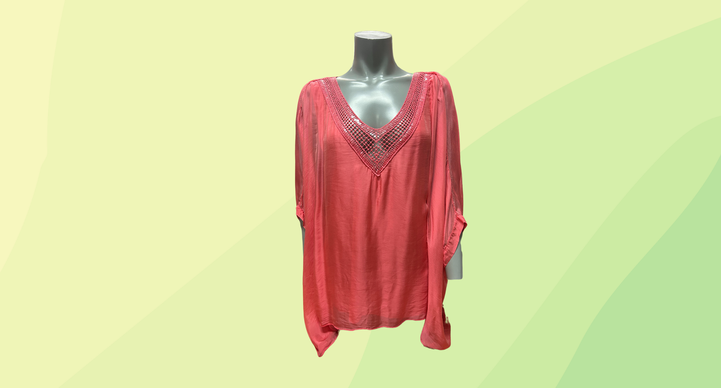 Wednesday Lulu Wynona Short Silk Blend V-Neck Top RRP $149.95 - One Size - Coral