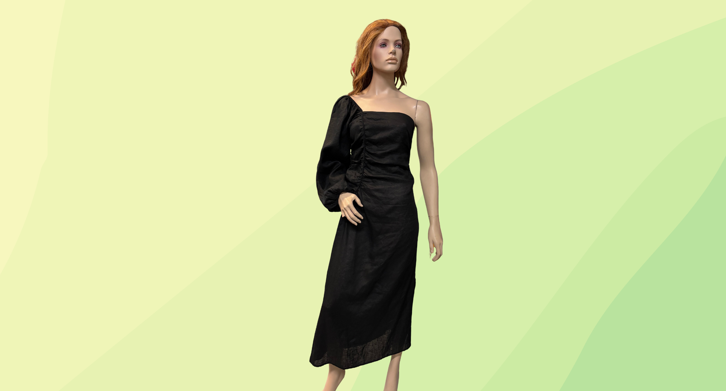 Aere Linen One Shoulder Ruched Dress - Size 12 - Black