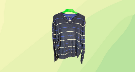 Tommy Hilfiger Mens V-Neck Knit Pullover - M - Navy Stripe