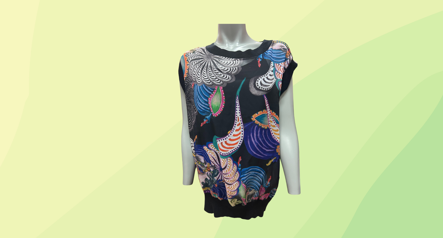 Ted Baker Black Angora Knit Trim Patterned Print Top - Size 5 - Black/Multi