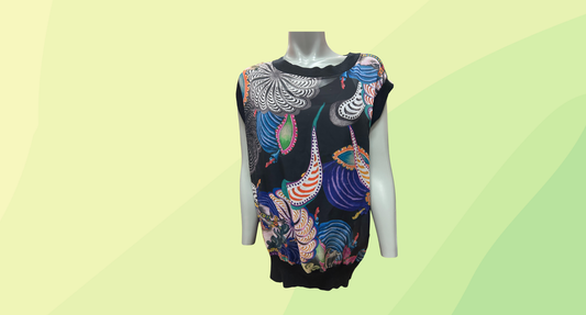 Ted Baker Black Angora Knit Trim Patterned Print Top - Size 5 - Black/Multi