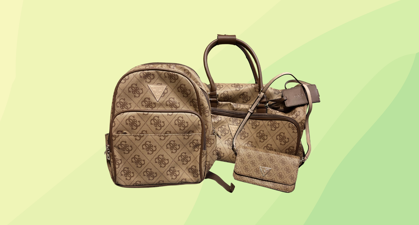 Guess 3 Pce Luggage Set - Overnight Bag, Backpack & Crossbody Bag - Tan