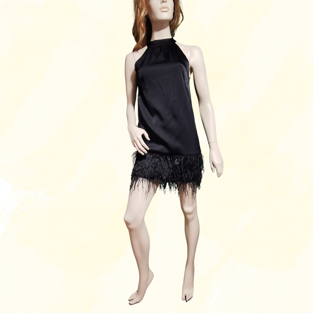 Karen Millen Viscose Satin Crepe Feather Hem Halter Dress - Size 6 - Black