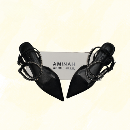 Aminah Abdul Jillil Satin Crystal Emellishment Mules - Black 7