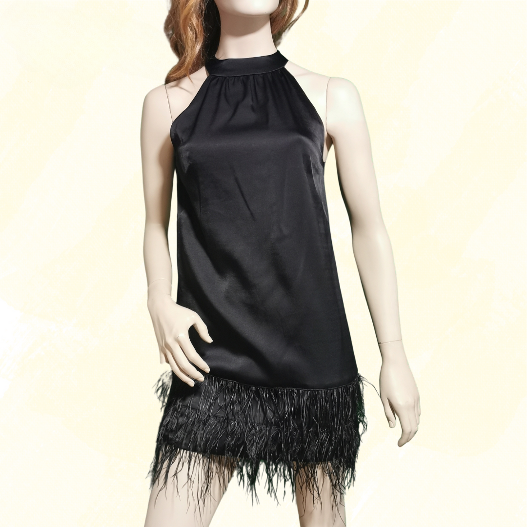 Karen Millen Viscose Satin Crepe Feather Hem Halter Dress - Size 6 - B 1-World Charity Shops Karen Millen Viscose Satin Crepe Feather Hem Halter Dress - Size 6 - B 1-World Charity Shops