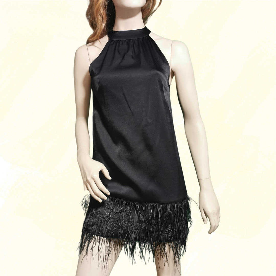 Karen Millen Viscose Satin Crepe Feather Hem Halter Dress - Size 6 - Black