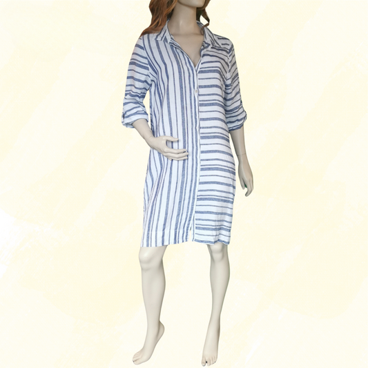 Pingpong Linen Shirt Dress - Size 16 - Blue/White Stripe